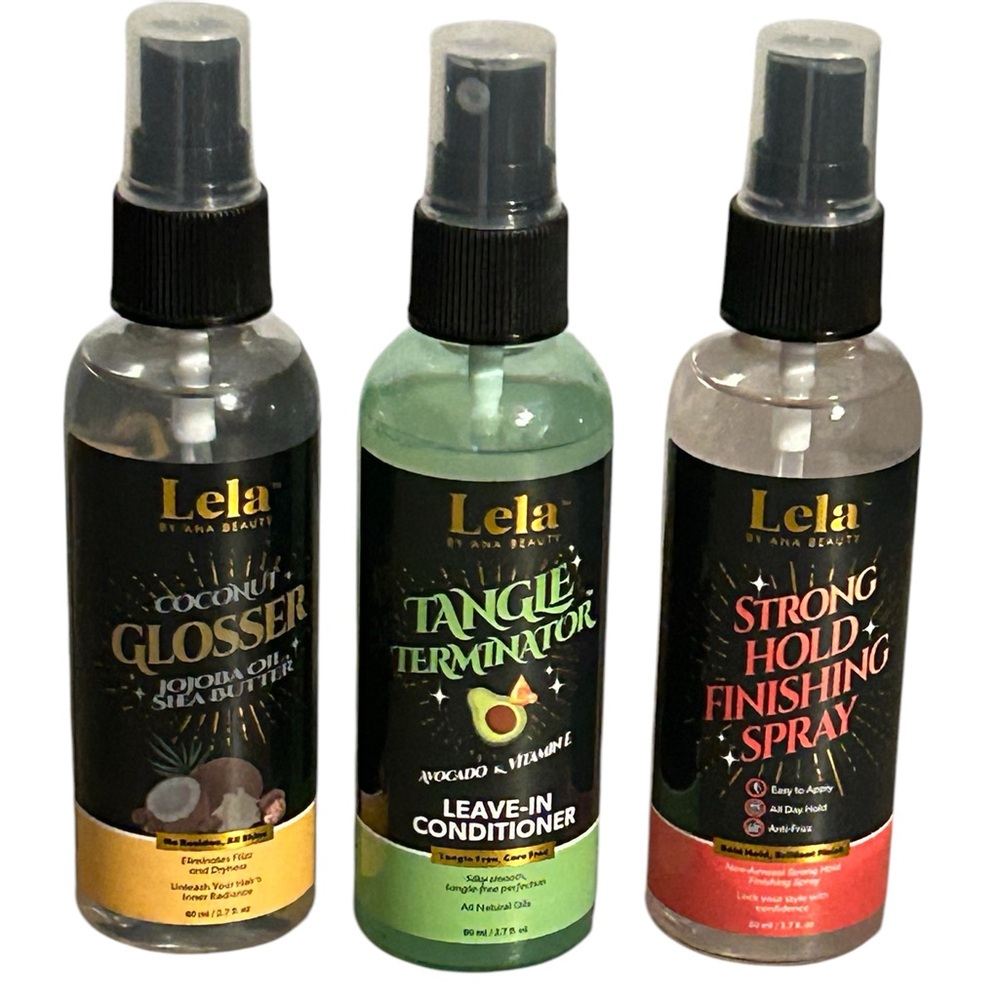 Lela Hair Care Trio Set Coconut Glosser, Tangle Terminator, & Strong Hold Spray